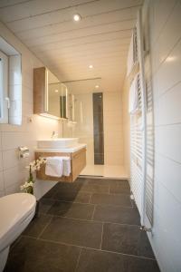埃尔瓦尔德Gästehaus Haag的一间带水槽、卫生间和镜子的浴室