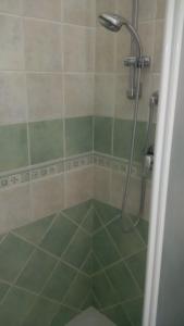 内比达Lovely House的一间铺有绿色瓷砖的淋浴浴室