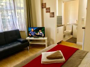 依尔福London Luxury Ensuite Apartment的客厅配有沙发和桌子上的电视