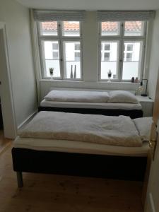 里伯Ribe Sønderport Bed & Kitchen的带2扇窗户的客房内的2张床