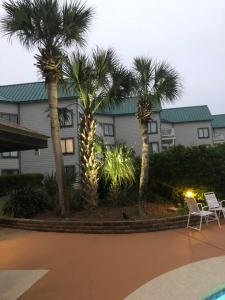 格尔夫海岸Gulf Shores Plantation的棕榈树和椅子的度假村和大楼