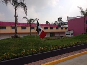 墨西哥城Hotel & Villas 7的粉色建筑物前的旗帜