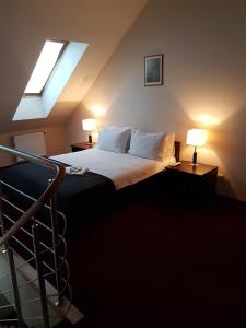 德鲁斯基宁凯阿格内塔公寓的一间卧室配有一张带窗户和两盏灯的床。