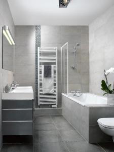 斯特拉斯堡32套公寓酒店的一间带水槽、浴缸和卫生间的浴室
