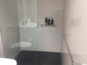 霍巴特采石场豪华度假公寓的一间带玻璃淋浴间和水槽的浴室