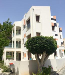利马索尔Modern Seaview Beach Studio Limassol的前面有棵树的白色建筑
