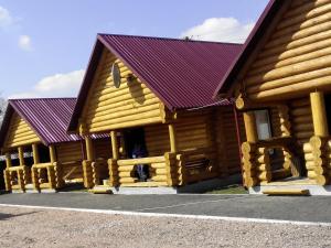 基辅Гостевой дом Фестивальный的两栋小木屋楼,设有紫色屋顶