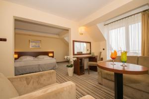 雅罗斯瓦维茨Król Plaza Spa & Wellness的酒店客房配有床、沙发和桌子。