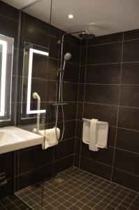 斯特拉斯堡折纸酒店的带淋浴、盥洗盆和镜子的浴室