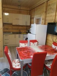 乌宗Katipogulları Apart的厨房配有红色椅子和白色冰箱。