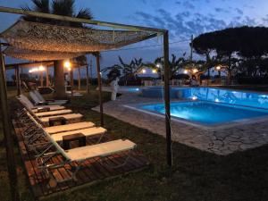 瓦尔索洛米翁Glyfa Beach Hotel的游泳池畔的一组躺椅(晚上)