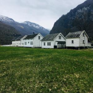 弗洛姆布雷克加尔旅馆的山地中的一群白色房屋