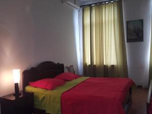 库塔伊西Hostel Mana Kutaisi的一间卧室配有一张带红色和黄色毯子的床