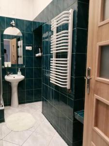 库多瓦-兹德鲁伊Apartament Jaśminowy的绿色瓷砖浴室设有水槽和镜子