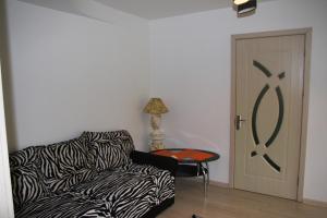 德鲁斯基宁凯Butas Prie Nemuno的客厅配有斑马印花沙发和门