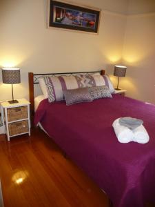 谢珀顿Shepp Central Apartment的卧室内的紫色床,配有两盏灯