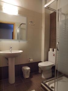 鲁特罗尼基别墅公寓的一间带水槽、卫生间和镜子的浴室
