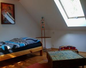可罗日采Nasza Wioska的一间卧室配有一张床和天窗