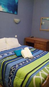 科英布拉默艾达公寓的一间卧室配有一张带蓝色和绿色毯子的床