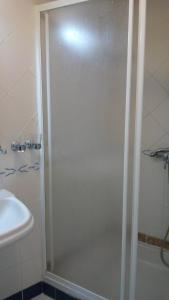 科英布拉默艾达公寓的浴室里设有玻璃门淋浴