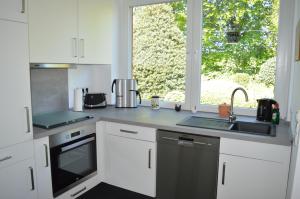 拉德贝尔根Ferienwohnung Gravemeier的厨房配有白色橱柜、水槽和窗户。