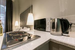 第比利斯Kuxos Machabeli 1 Studio的厨房配有炉灶和微波炉。