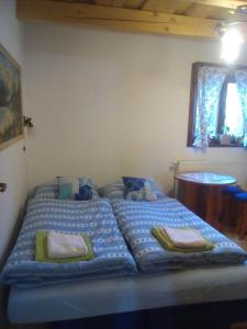 VarínRekreačná chata pod Jedľovinou的一张位于带蓝色床单和枕头的客房的床位