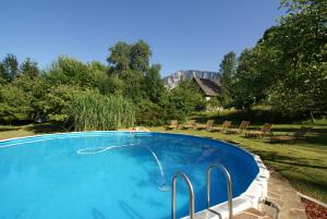 费拉赫苏尔波斯特酒店的一个带椅子的游泳池,后方是一座山。