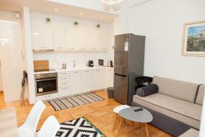 雅典Luxury Apartment In Central Kolonaki的厨房以及带沙发和冰箱的客厅。