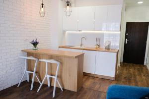 奥古斯图Apartamenty ZEFIR - MARINA BORKI的厨房配有带2把凳子和水槽的台面