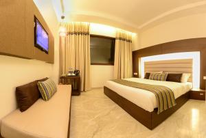 阿格拉阿莱维特酒店的一间酒店客房,配有一张床和一台电视