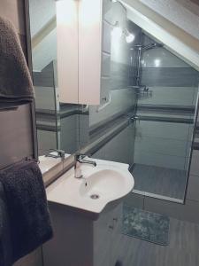 耶泽尔采达多之家酒店的一间带水槽、淋浴和镜子的浴室