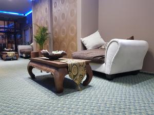 尼赖吉哈佐Petra Hotel的带沙发和咖啡桌的客厅