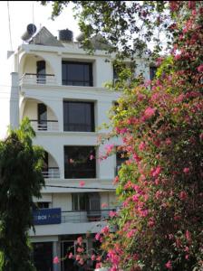 伯杰默里Balcony Rooms Overlooking the Main Market的白色的建筑,设有窗户和粉红色的鲜花