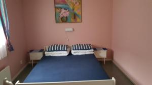 FredvangMilas House two apartments的一间小卧室,配有蓝色的床和两个枕头