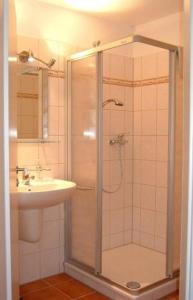 维林根Altes Doktorhaus - Hotel Garni的带淋浴和盥洗盆的浴室