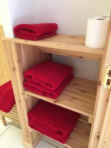 洛亨黑德黄金落叶松住宿加早餐旅馆的浴室内铺有红色毛巾的木制架子
