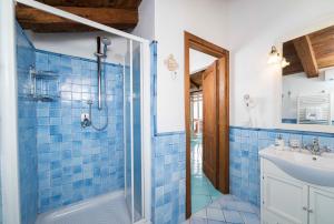 卡瓦德蒂雷尼B&B Gattacicova的蓝色瓷砖浴室配有淋浴和盥洗盆