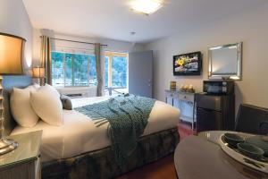 Upper Lake蓝湖山林小屋的酒店客房,配有床和电视