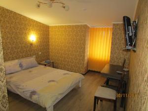 赫梅利尼茨基Salus的一间卧室配有一张床、一张书桌和一台电视