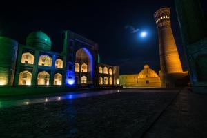 布哈拉Al Bukhari Boutique Hotel的享有清真寺建筑的夜景