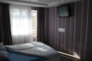 哈尔科夫Современная 1-комнатная квартира的一间卧室设有一张带窗户的床和墙上的电视。