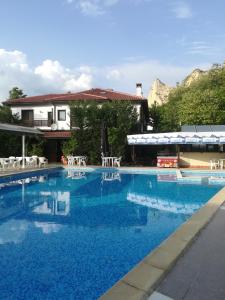 梅尔尼克埃利希腊酒店的一座大型蓝色游泳池,后面有一座房子