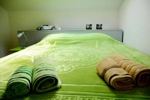弗尔尼亚奇卡矿泉镇Zafir 2的一张绿色的床,上面有毛巾,后面有一辆汽车