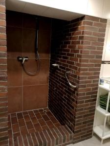 纽伦堡Apartment Cosmelux Nürnberg的一间砖墙和淋浴的浴室