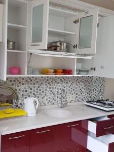 乌宗Uzungol Comfort Residence的厨房配有白色橱柜和厨房水槽