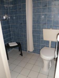 海牙史丹顿酒店的蓝色瓷砖浴室设有卫生间和淋浴。