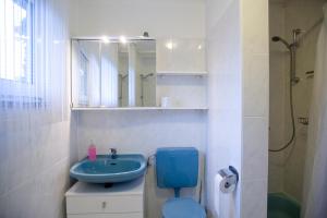 Altenstadt吉玛魏斯旅馆的浴室设有蓝色的卫生间和水槽。