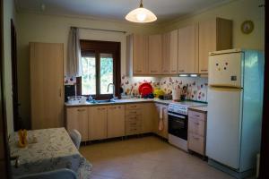 圣帕拉斯凯维Garden House的厨房配有木制橱柜和白色冰箱。