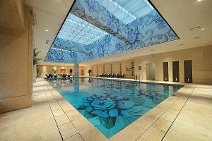 泰州泰州国际金陵大酒店的一座建筑物的地板上有一个画作的游泳池